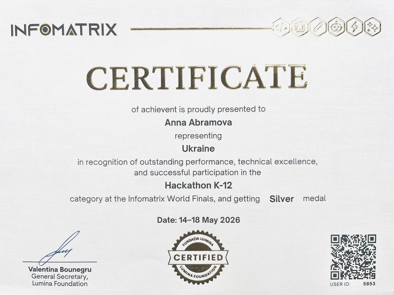 Infomatrix World Finals Certificate