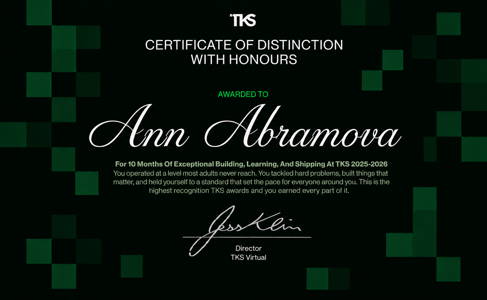 TKS Certificate of Distinction with Honours