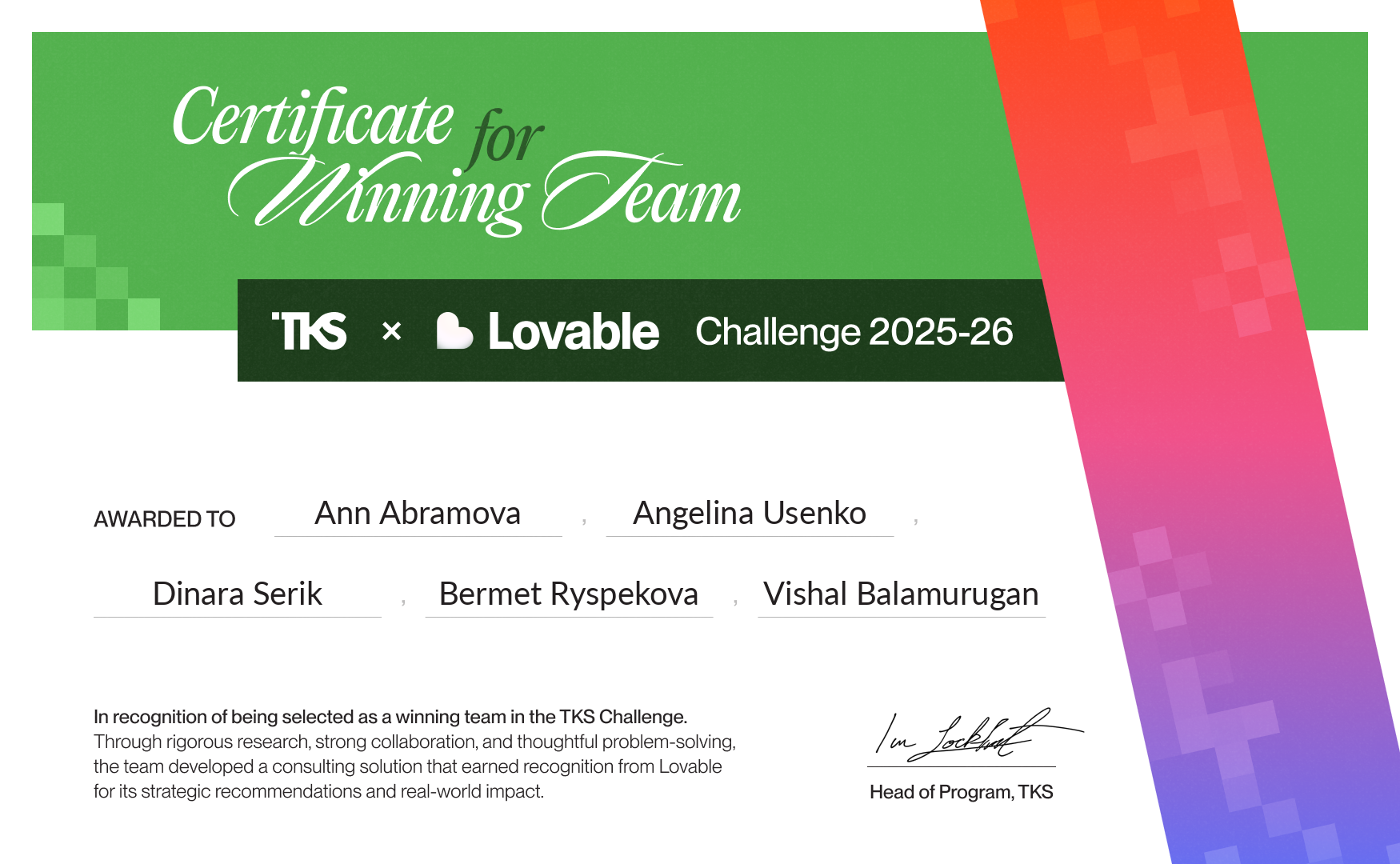 TKS × Lovable Winning Team Certificate